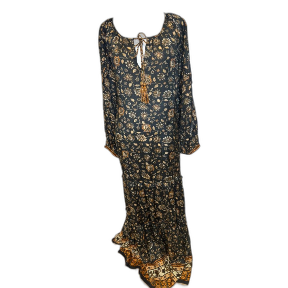 Natural Life Boho Floral Paisley Maxi Dress L Long Sleeve Tassel Tie Flowy